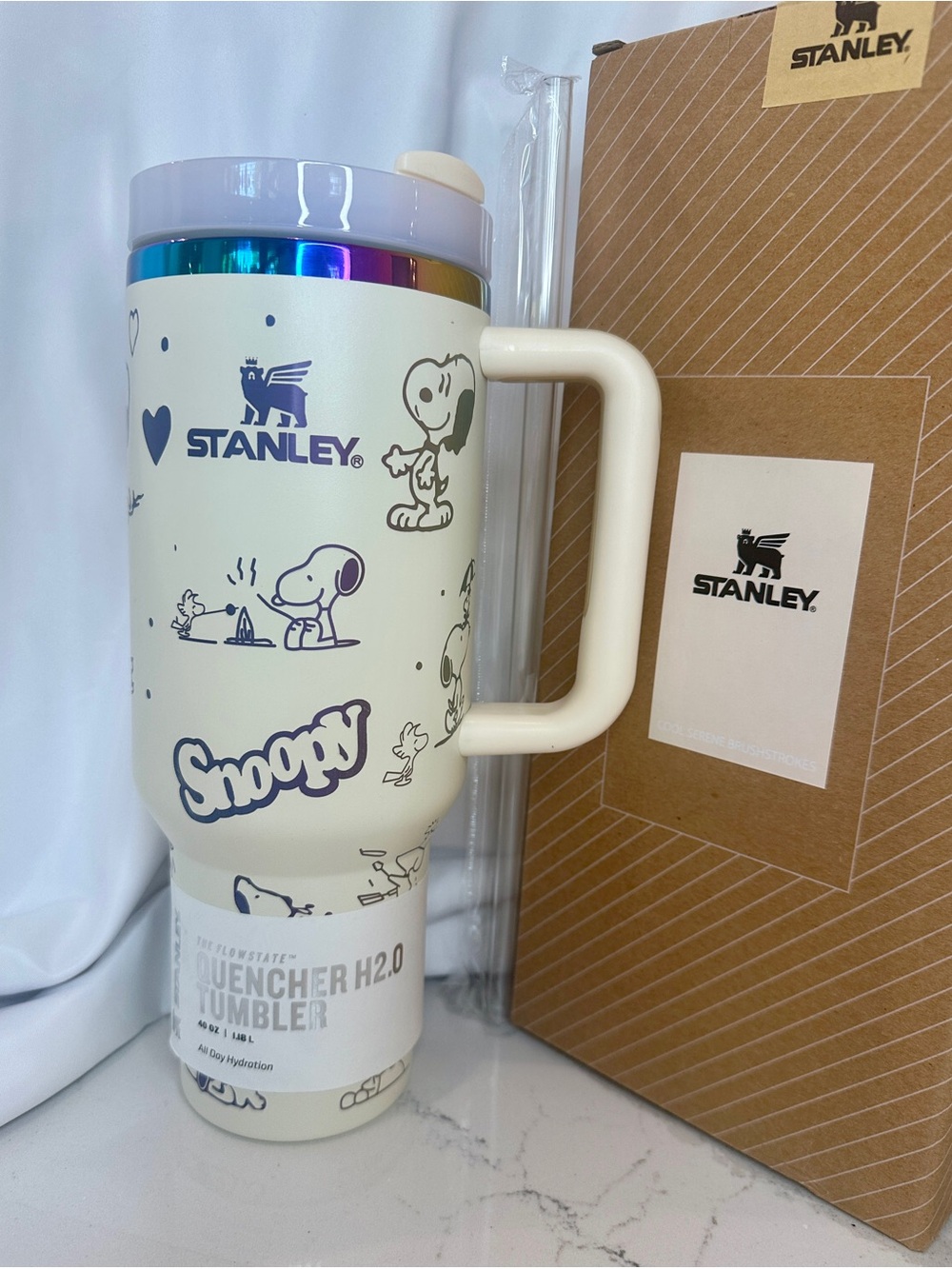 Stanley Cream Insulated Snoopy Tumbler with Iridescent Rainbow Rim NIB